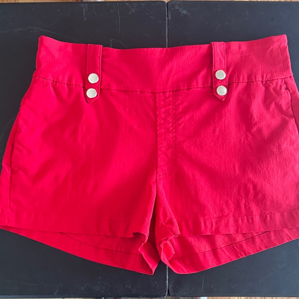 INC International Concepts Bright Red High-Waist Shorts with Silver Button Tabs